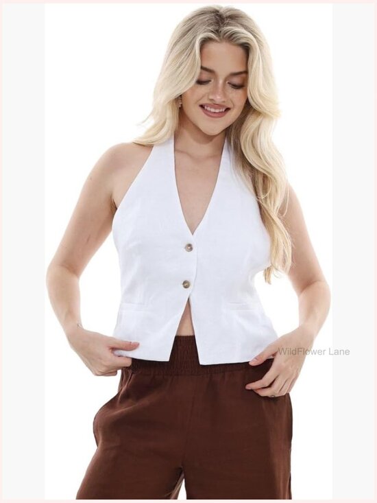 Tops - Linen Halter Backless Vest Sleeveless Button Front Top Women's Waistcoat